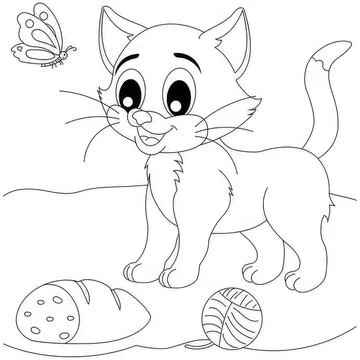 Cute kitten playing with ball of yarn and butterfly outdoors Stock Illustration