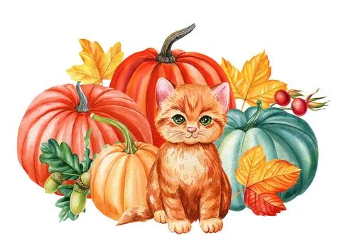 Cute kitten, pumpkin and maple leaves, rosehip,, watercolor hand drawing. Autumn Stock Illustration