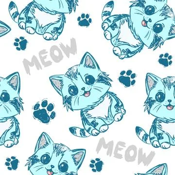 Cute kitten seamless pattern, vector boy cat with paw and meow Stock Illustration