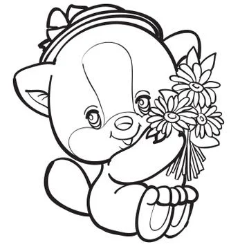 Cute kitten sits in a hat and hugs a large bouquet of flowers, drawing in Stock Illustration