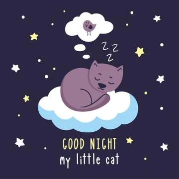 Cute kitten sleeps on the cloud and sees a dream with a bird. Stock Illustration