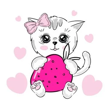 Cute kitten with strawberry vector design. Children illustration for School copy Stock Illustration