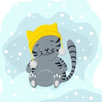 Cute kitten in winter hat playing in the snow Stock Illustration