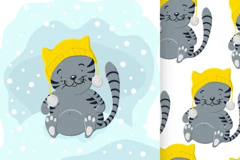 Cute kitten in winter hat playing in the snow and seamless pattern Stockillustratie