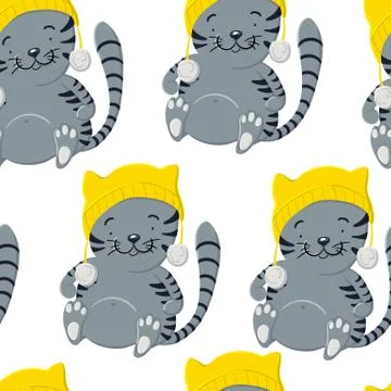 Cute kitten in winter hat seamless pattern in cartoon style Stockillustratie