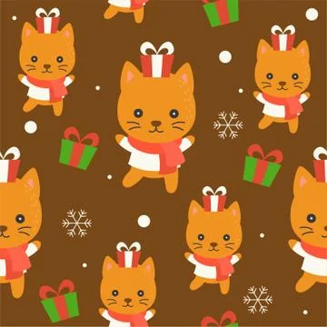 Cute kitten winter theme, editable line detail,christmas seamless pattern the Stock Illustration