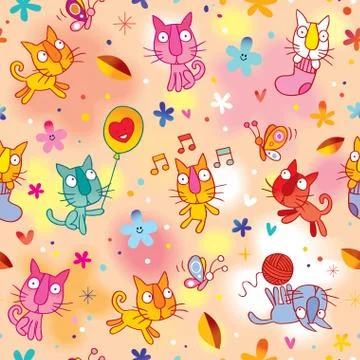 Cute kittens playing seamless pattern Illustrazione stock