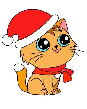 Cute Kitty dressed in a scarf and Santa hat - vector full-color picture. Stock Illustration