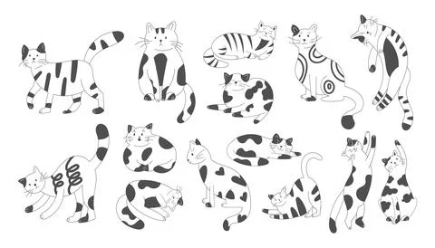 Cute kitty group, doodle drawing black and white cats. Funny hand drawn pet i Illustrazione stock