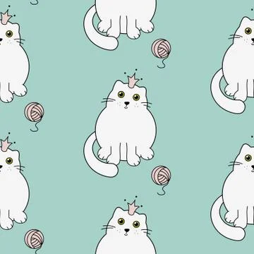 Cute kitty princess seamless vector pattern. White cats on green mint background イラスト素材