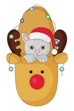 Cute kitty with santa's hat and xmas garland in christmas slipper. Stock Illustration
