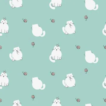 Cute kitty seamless vector pattern. White cats on green mint background. Illustrazione stock