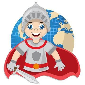 Cute knight on the background of the globe. Stock Illustration