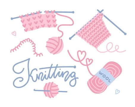 Cute knitting elements set with pastel yarn balls, wool skein, knitted swatches Illustrazione stock
