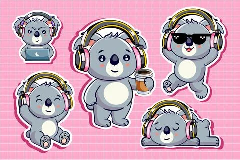 Cute Koala Bear Character Sticker Set with Headphones Vector Illustration Иллюстрация