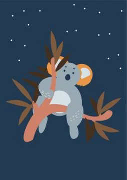 Cute koala bear sitting on eucalyptus tree vertical poster print design. Illustrazione stock