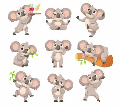 Cute Koala Character with Large Ears and Nose Engaged in Different Activity Stock Illustration