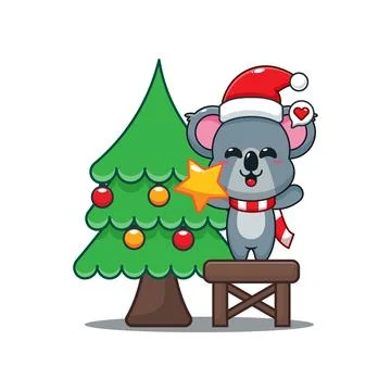 Cute koala decorating the Christmas tree on Christmas day. Stock Illustration