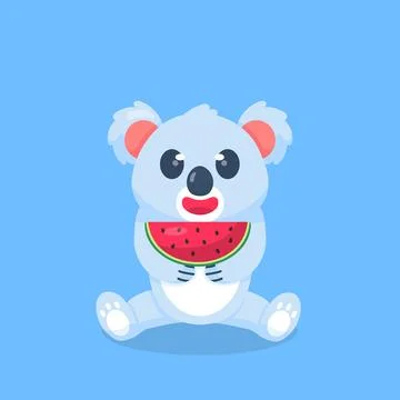 Cute Koala Eating Watermelon Flat Vector Illustration 스톡 일러스트