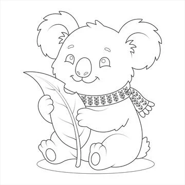 Cute Koala Holding Big Leaf Wearing Scarf Outline Coloring Page For Kids Vect Stock Illustration