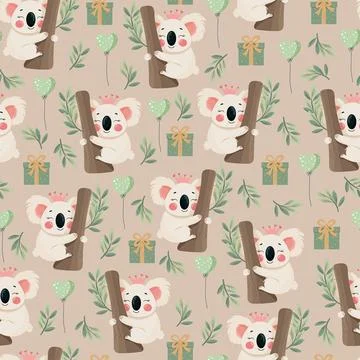 Cute Koala Princess Seamless Pattern with Balloons and Gifts. Adorable nurs.. 库存插图