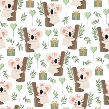 Cute Koala Princess Seamless Pattern with Balloons and Gifts. Adorable nurs.. 库存插图