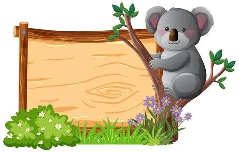 Cute Koala Sitting on Tree Beside Wooden Signboard Stockillustratie