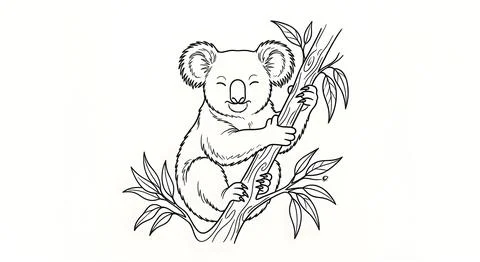 Cute Koala Sleeping on Eucalyptus Tree Branch Coloring Page Vector Illustration Stock Illustration