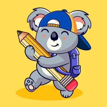 Cute Koala Student with Backpack Holding Pencil Stock Illustration