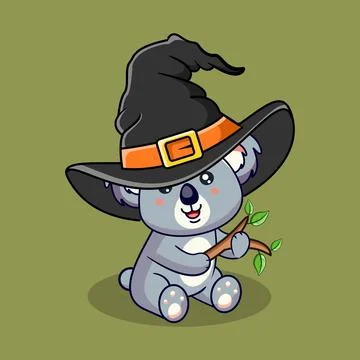 Cute Koala Wearing Witch Hat Holding Branch Vector Illustration Kawaii 스톡 일러스트