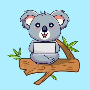 Cute Koala Working on Laptop on a Tree Branch Stock Illustration