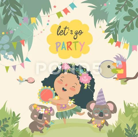 Cute koalas dancing with little girl on lawn Stock Illustration