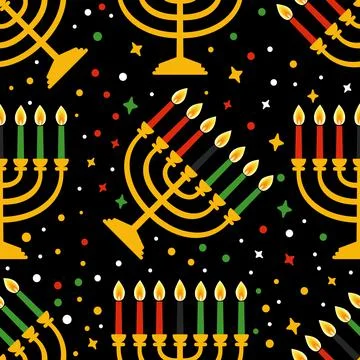 Cute Kwanzaa seamless pattern with seven kinara candles and dots, stars, in Stock Illustration
