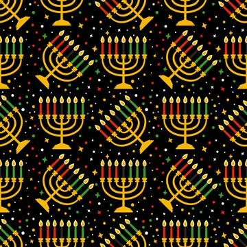 Cute Kwanzaa seamless pattern with seven kinara candles and dots, stars, in Stock Illustration
