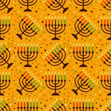 Cute Kwanzaa seamless pattern with seven kinara candles and dots, stars, in Stock Illustration