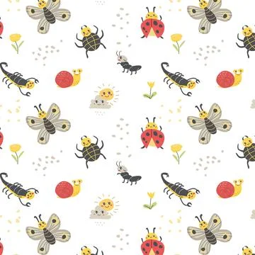 Cute lady bug and spider, snail insects background Ilustración de archivo