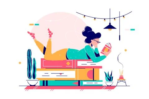 Cute lady lying on stack of books Stock Illustration