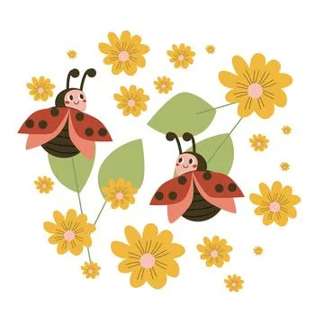 Cute Ladybug and flowers composition in cartoon flat style. Baby ladybird on Stock Illustration