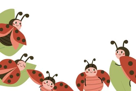 Cute Ladybug border frame in cartoon flat style. Baby ladybird on leaves. Red Stock Illustration