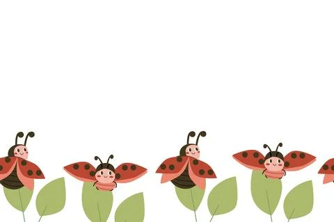 Cute Ladybug border frame in cartoon flat style. Baby ladybird on leaves. Red Stock Illustration