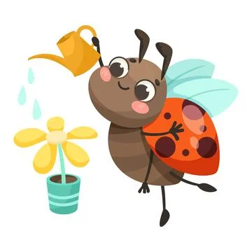 Cute Ladybug Character with Spotted Wings Watering Flower in Pot Vector Stock Illustration