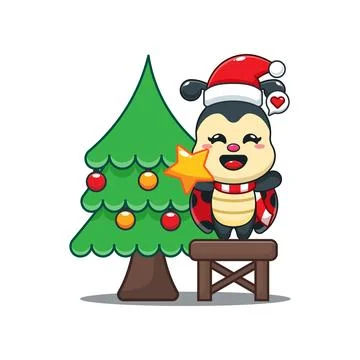 Cute ladybug decorating the Christmas tree on Christmas day. Stock Illustration