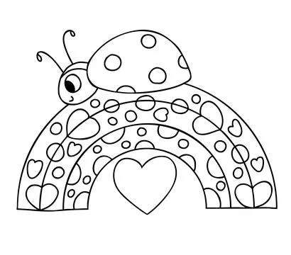 Cute ladybug. Funny insect on rainbow. Vector illustration. Outline drawing.. Stock Illustration
