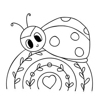 Cute ladybug. Funny small insect on rainbow. Vector illustration. Outline d.. Stock Illustration