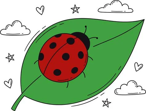 Cute Ladybug on Green Leaf with Clouds and Stars Doodle Illustration. Stock Illustration