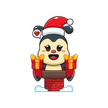 Cute ladybug with santa hat holding Christmas gift box in the chimney. Stock Illustration