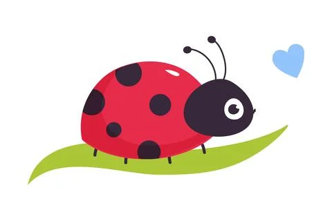 Cute ladybug sitting on green leaf. Funny little ladybird insect cartoon vector Illustrazione stock