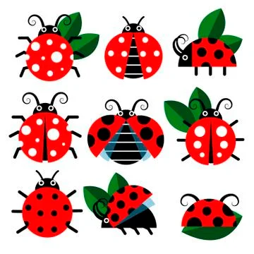 Cute ladybug vector icons. Cartoon-style bugs and leaves Stock Illustration