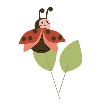 Cute Ladybug vector illustration in cartoon flat style. Baby ladybird on le.. Stock Illustration