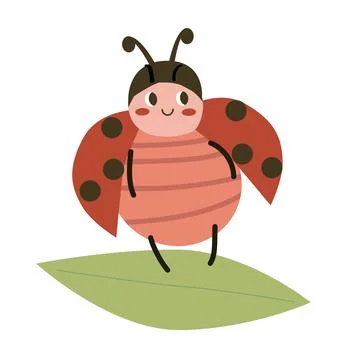Cute Ladybug vector illustration in cartoon flat style. Baby ladybird on le.. Stock Illustration